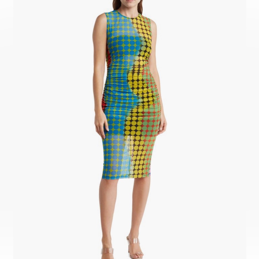 Black Halo Women Namir Ruched Mesh Bodycon Dress Size XS Dot Print Sleeveless